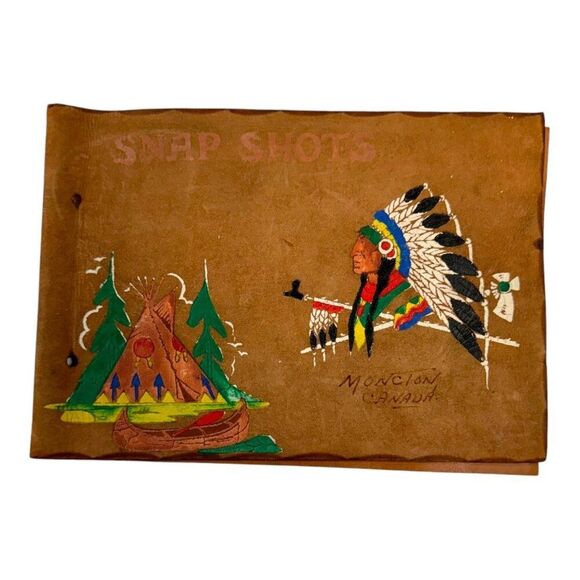 Vintage Moncton Canada Leather Snap Shots Photo Album Native American Motif READ